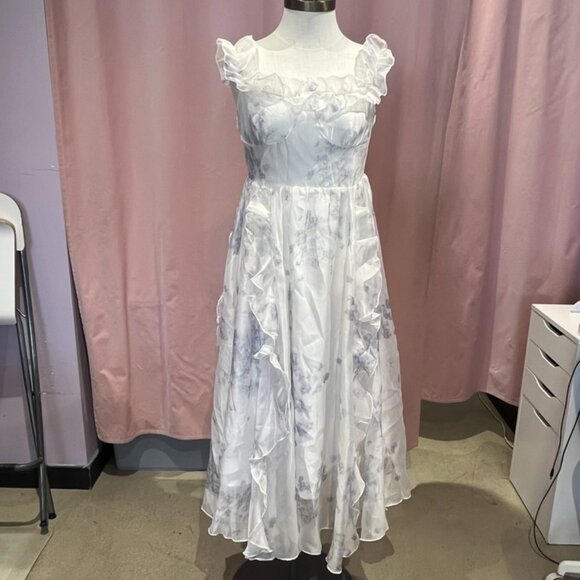 Romantic White Floral Ruffle Midi Dress Cottagecore - Picture 4 of 7